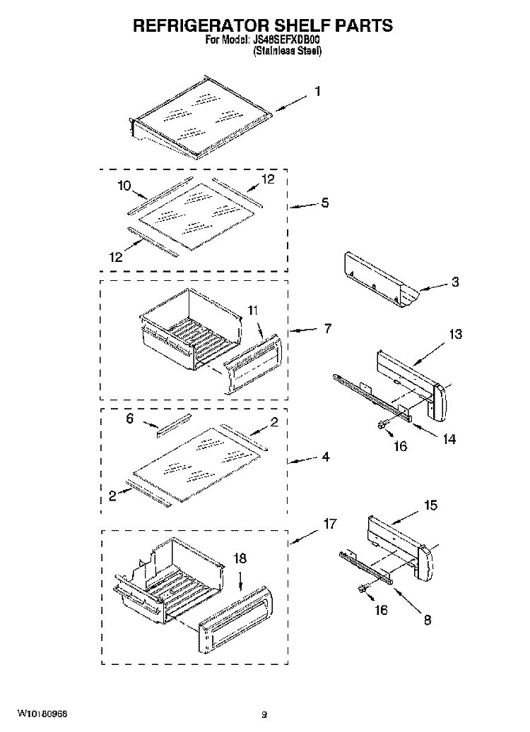 REFRIGERATOR SHELF PARTS Diagram and Parts List for JS48SEFXDB00  Jenn-Air Refrigerator