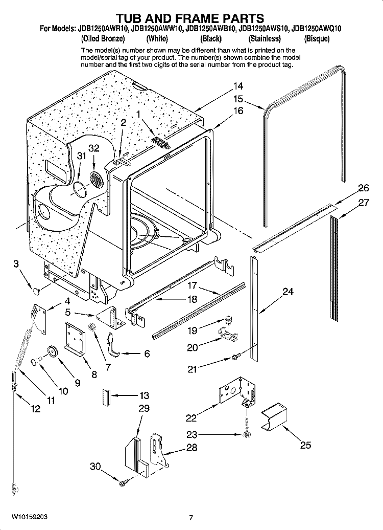 TUB AND FRAME PARTS Diagram and Parts List for JDB1250AWB10  Jenn-Air Dishwasher
