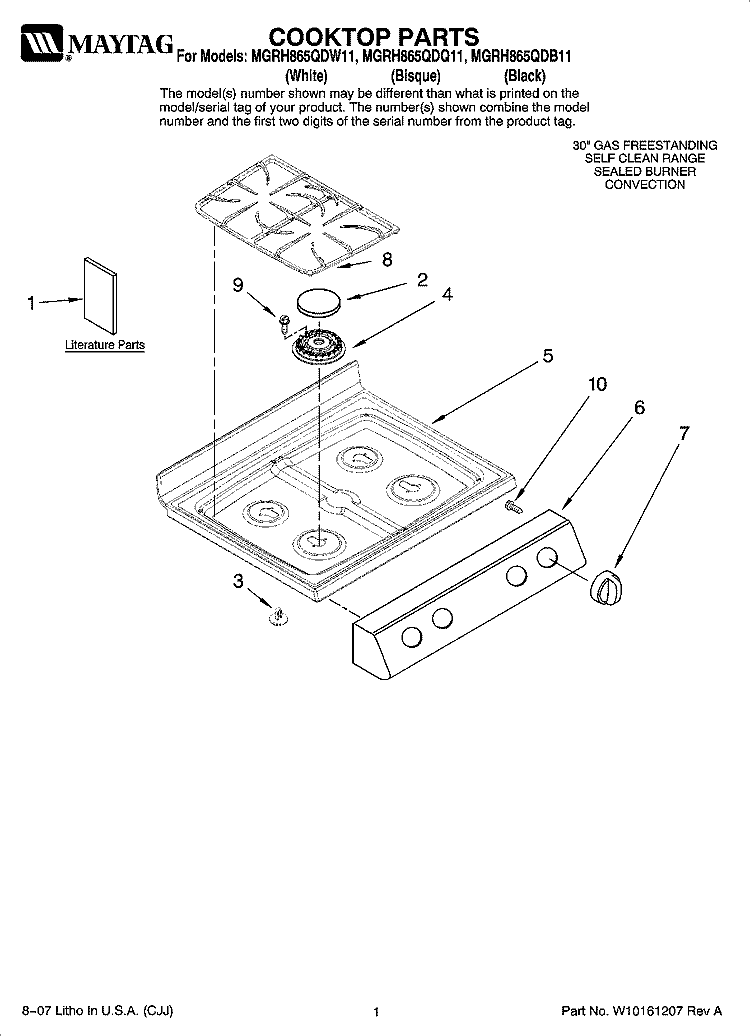 COOKTOP PARTS Diagram and Parts List for MGRH865QDB11  Maytag Range