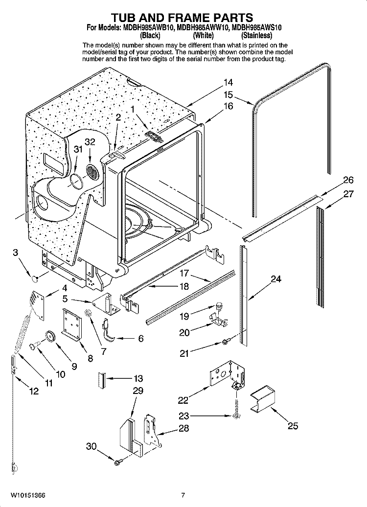 TUB AND FRAME PARTS Diagram and Parts List for MDBH985AWW10  Maytag Dishwasher