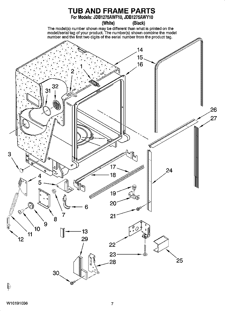 TUB AND FRAME PARTS Diagram and Parts List for JDB1275AWF10  Jenn-Air Dishwasher