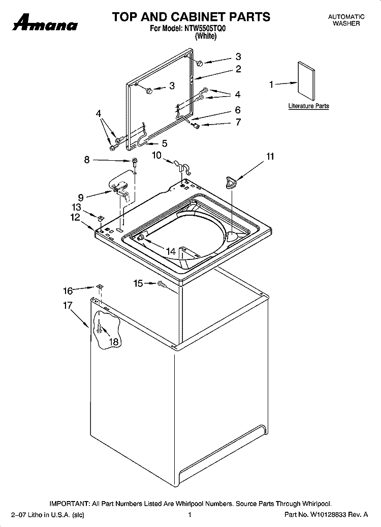 TOP AND CABINET PARTS Diagram and Parts List for NTW5505TQ0  Amana Washer