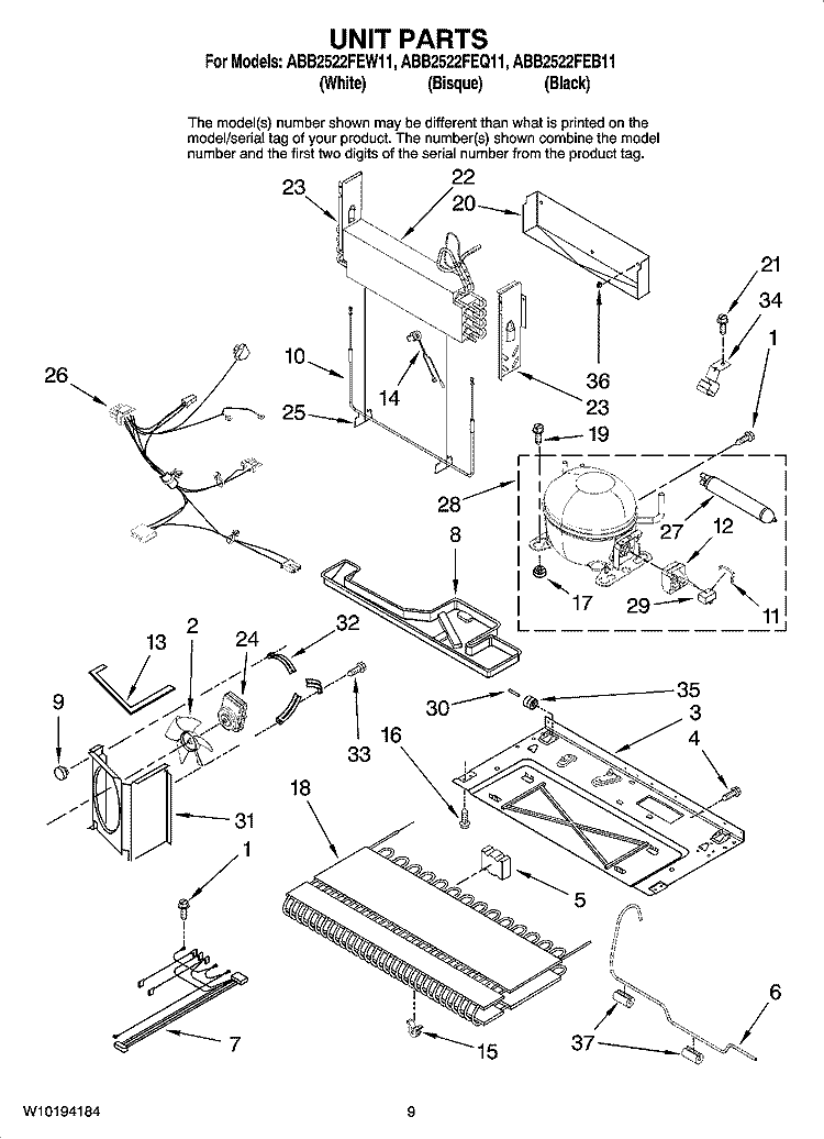 UNIT PARTS Diagram and Parts List for ABB2522FEQ11  Amana Refrigerator