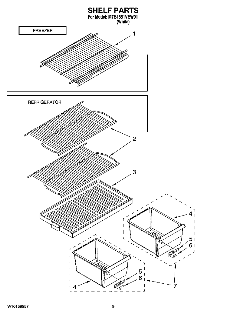 SHELF PARTS, OPTIONAL PARTS (NOT INCLUDED) Diagram and Parts List for MTB1551VEW01  Maytag Refrigerator