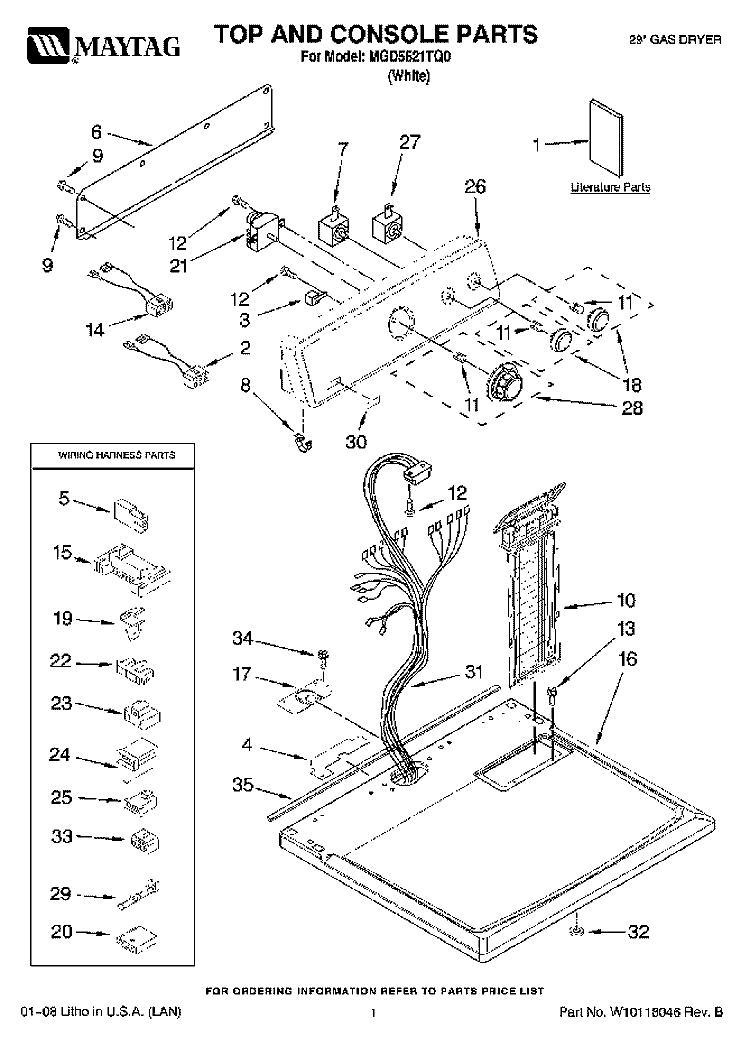 TOP AND CONSOLE PARTS Diagram and Parts List for MGD5621TQ0  Maytag Dryer