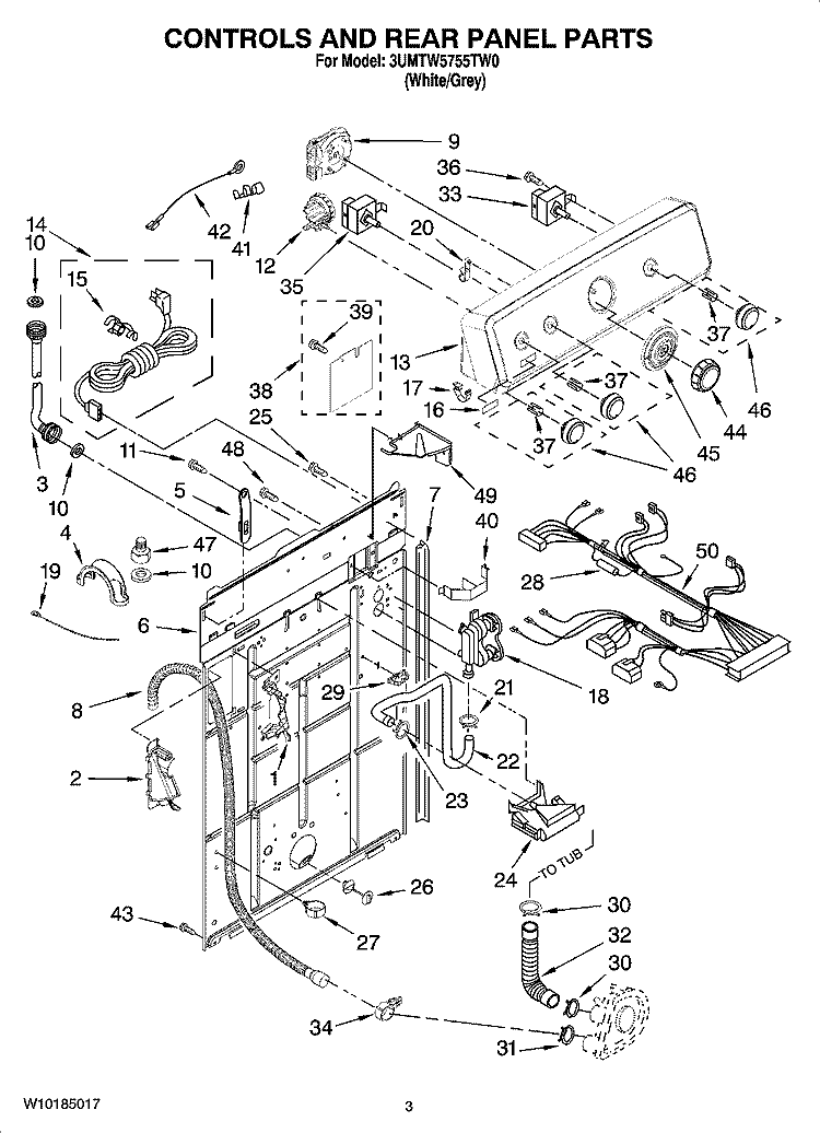 CONTROLS AND REAR PANEL PARTS Diagram and Parts List for 3UMTW5755TW0  Maytag Washer