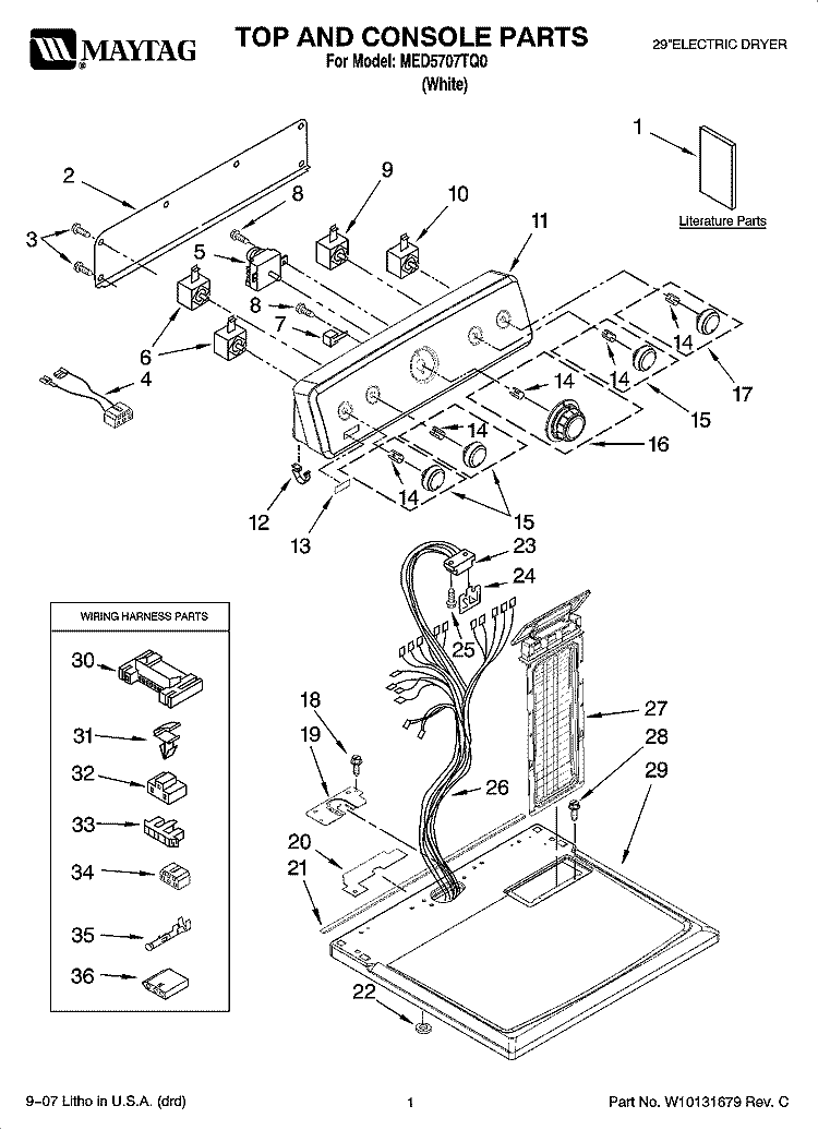 TOP AND CONSOLE PARTS Diagram and Parts List for MED5707TQ0  Maytag Dryer