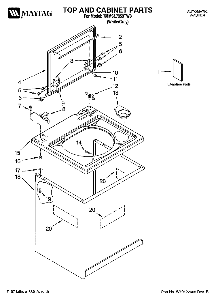 TOP AND CABINET PARTS Diagram and Parts List for 7MMSL7959TW0  Maytag Washer