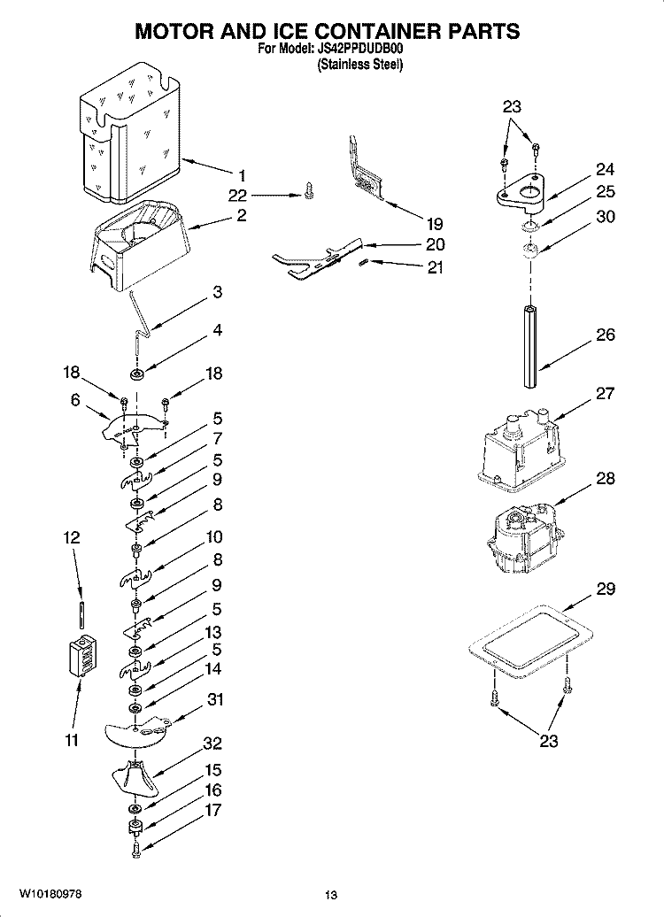 MOTOR AND ICE CONTAINER PARTS Diagram and Parts List for JS42PPDUDB00  Jenn-Air Refrigerator