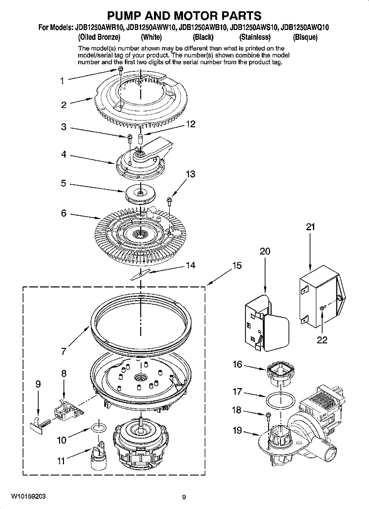 PUMP AND MOTOR PARTS Diagram and Parts List for JDB1250AWB10  Jenn-Air Dishwasher
