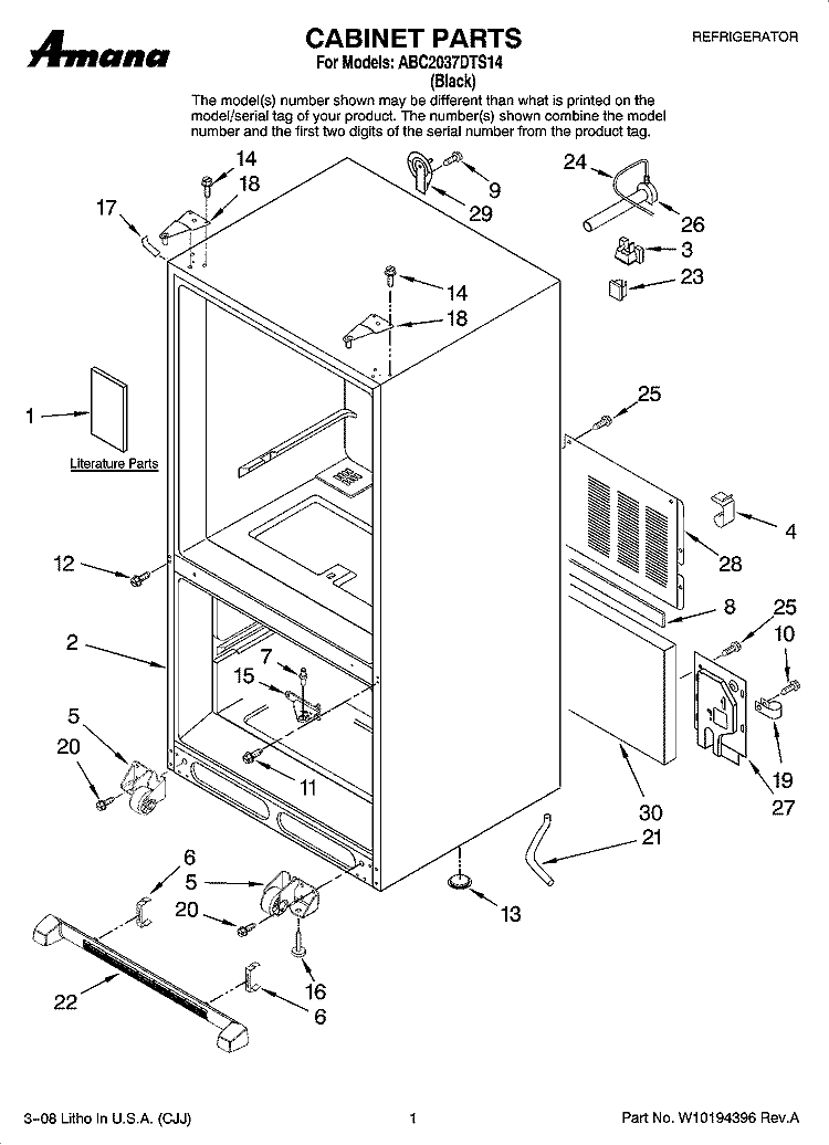 CABINET PARTS Diagram and Parts List for ABC2037DTS14  Amana Refrigerator