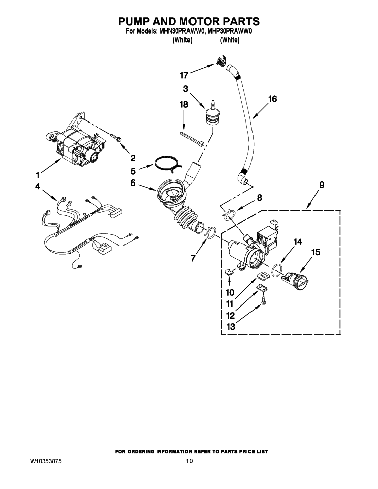 PUMP AND MOTOR PARTS Diagram and Parts List for MHP30PRAWW0  Maytag Washer