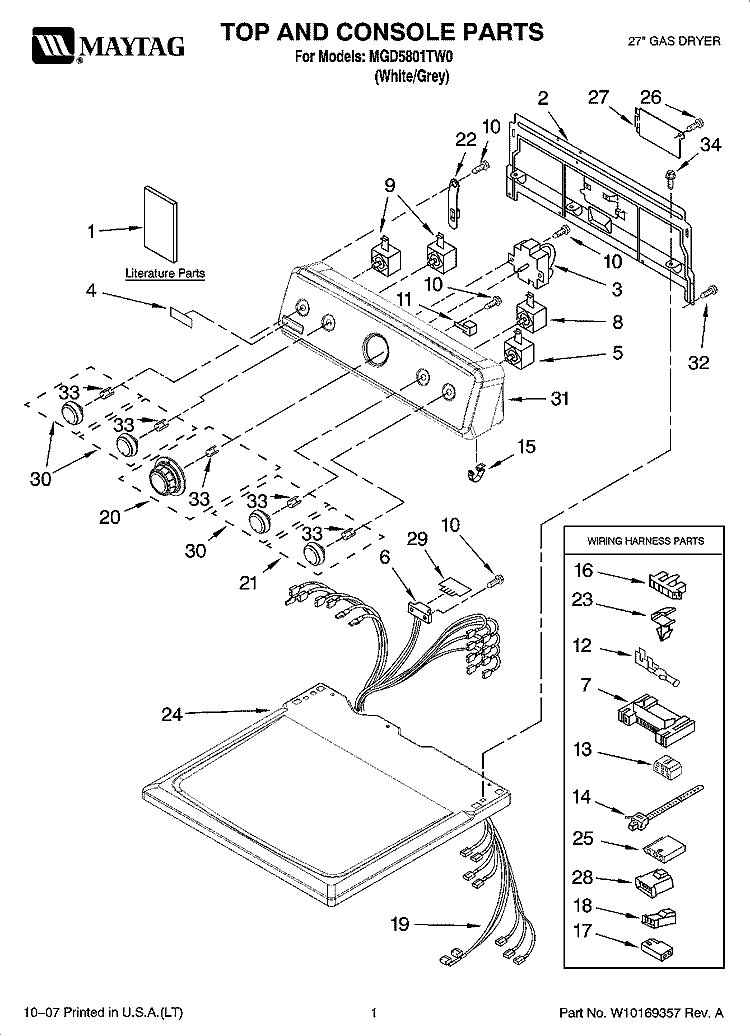 TOP AND CONSOLE PARTS Diagram and Parts List for MGD5801TW0  Maytag Dryer