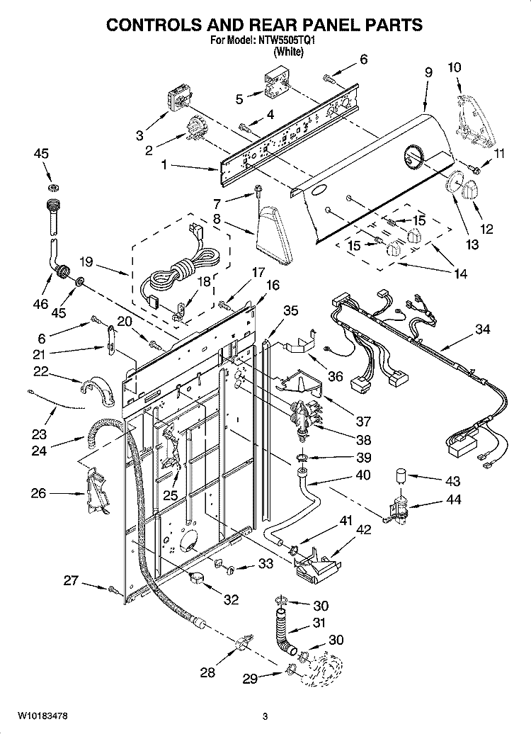 CONTROLS AND REAR PANEL PARTS Diagram and Parts List for NTW5505TQ1  Amana Washer