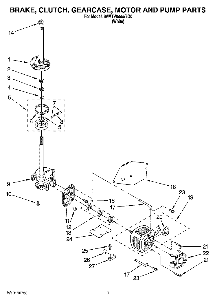 BRAKE, CLUTCH, GEARCASE, MOTOR AND PUMP PARTS Diagram and Parts List for 6AMTW5555TQ0  Maytag Washer