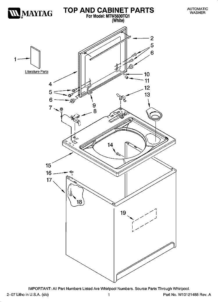 TOP AND CABINET PARTS Diagram and Parts List for MTW5600TQ1  Maytag Washer