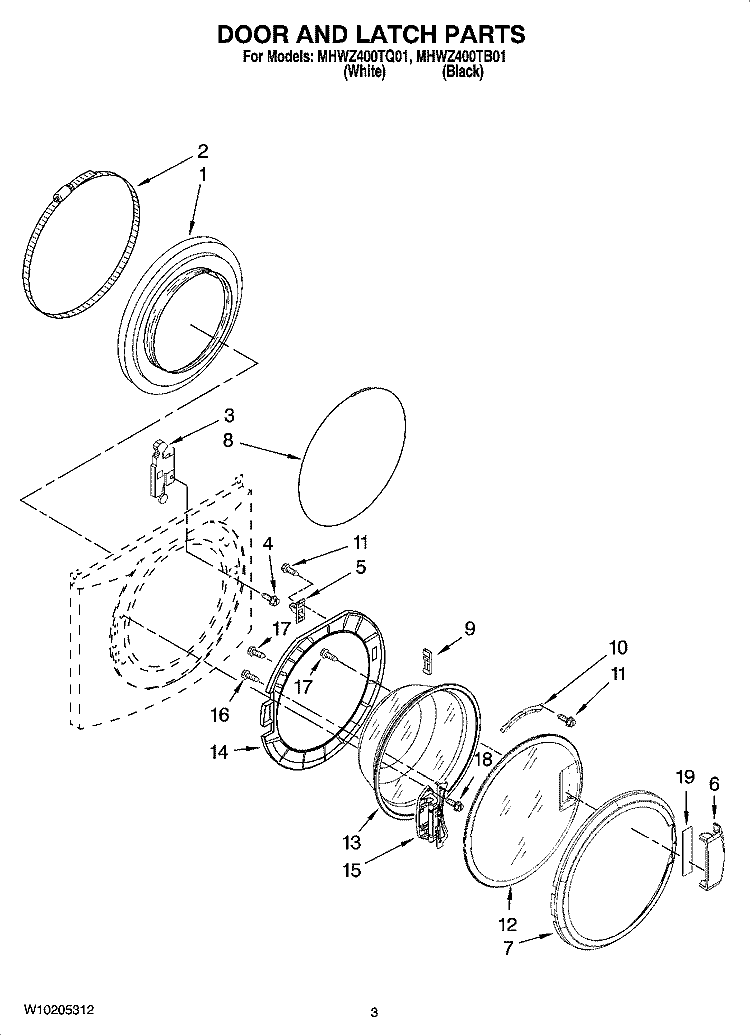 DOOR AND LATCH PARTS Diagram and Parts List for MHWZ400TB01  Maytag Washer