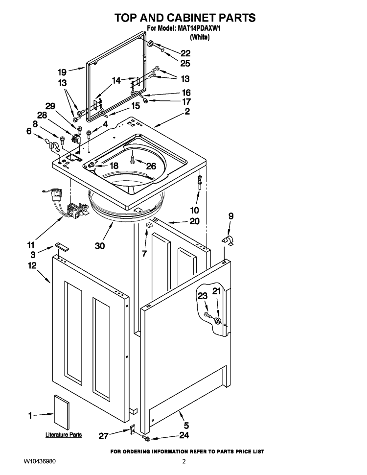 TOP AND CABINET PARTS Diagram and Parts List for MAT14PDAXW1  Maytag Washer