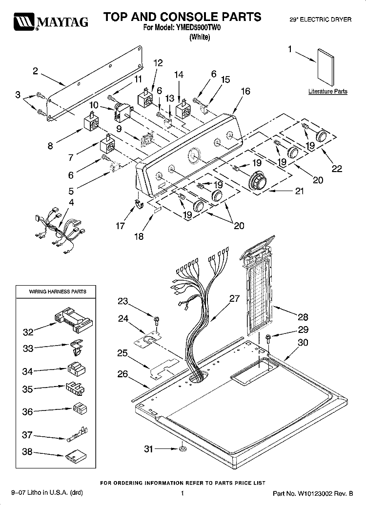 TOP AND CONSOLE PARTS Diagram and Parts List for YMED5900TW0  Maytag Dryer