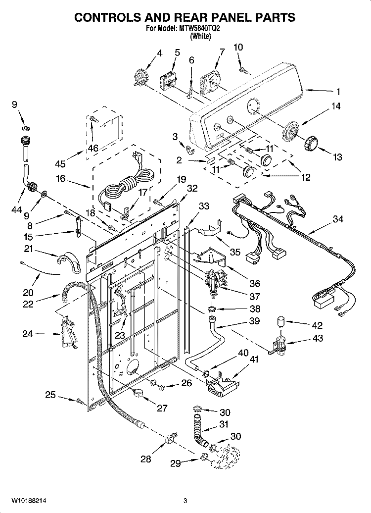 CONTROLS AND REAR PANEL PARTS Diagram and Parts List for MTW5640TQ2  Maytag Washer