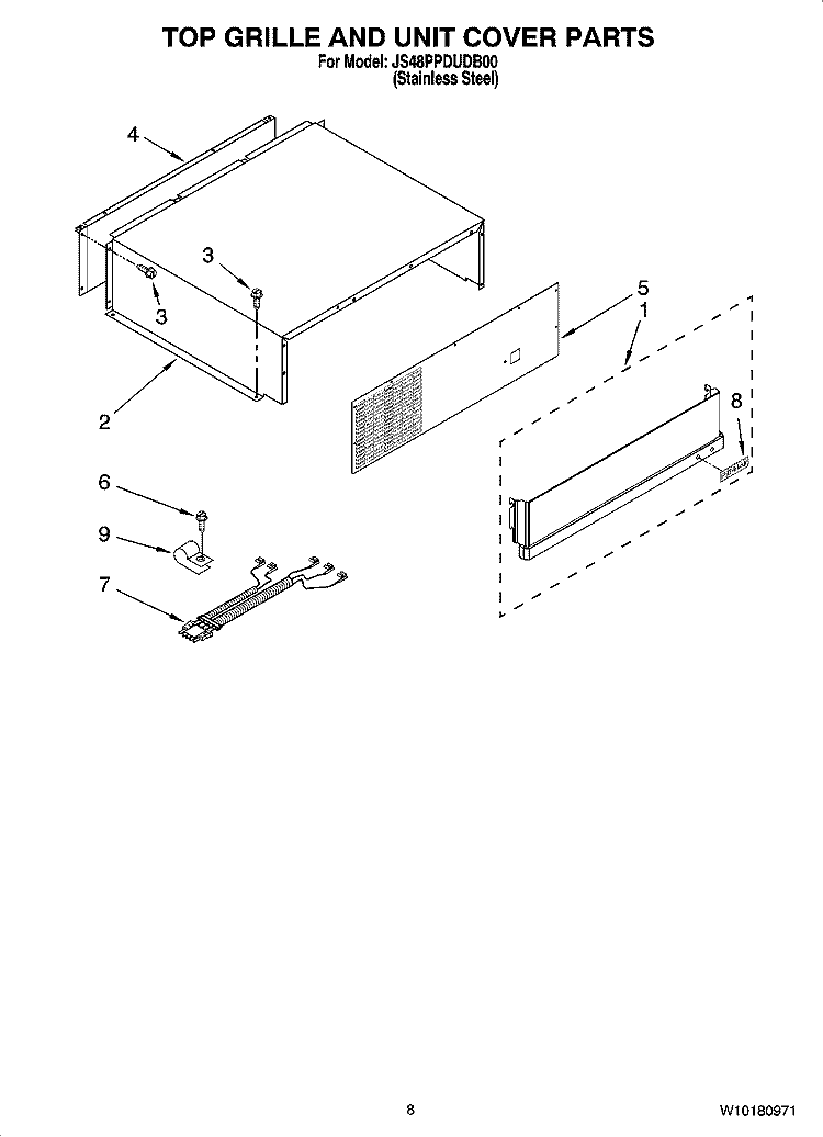 TOP GRILLE AND UNIT COVER PARTS Diagram and Parts List for JS48PPDUDB00  Jenn-Air Refrigerator