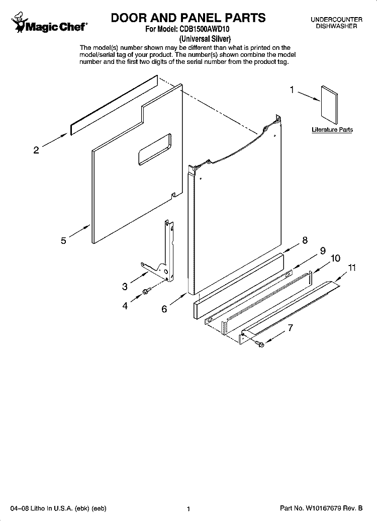 DOOR AND PANEL PARTS Diagram and Parts List for CDB1500AWD10  Magic Chef Dishwasher