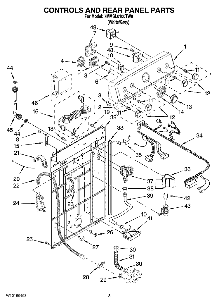 CONTROLS AND REAR PANEL PARTS Diagram and Parts List for 7MMSL0100TW0  Maytag Washer
