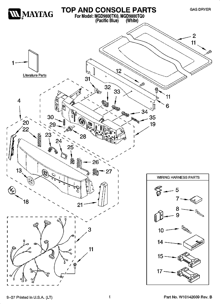 TOP AND CONSOLE PARTS Diagram and Parts List for MGD9800TQ0  Maytag Dryer