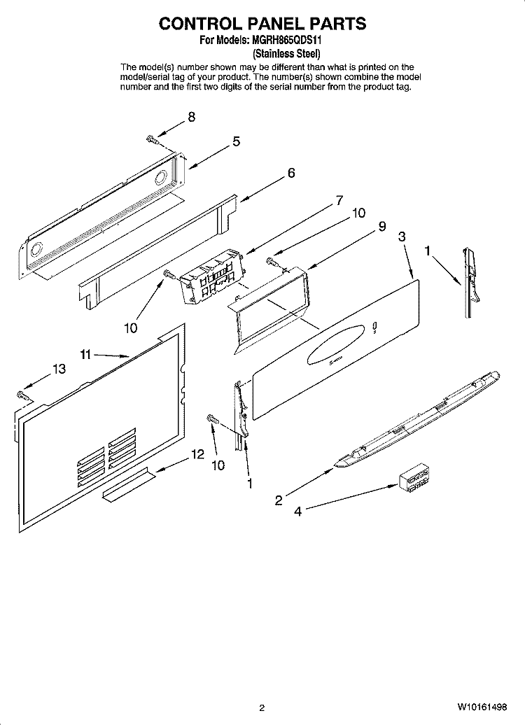 CONTROL PANEL PARTS Diagram and Parts List for MGRH865QDS11  Maytag Range