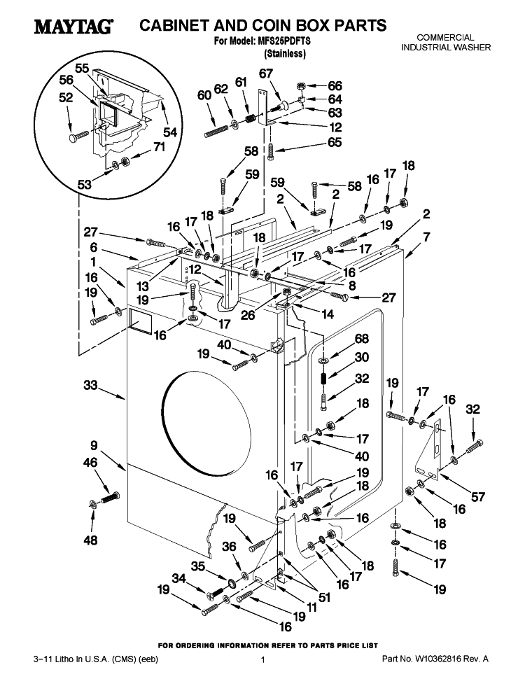 CABINET AND COIN BOX PARTS Diagram and Parts List for MFS25PDFTS  Maytag Washer