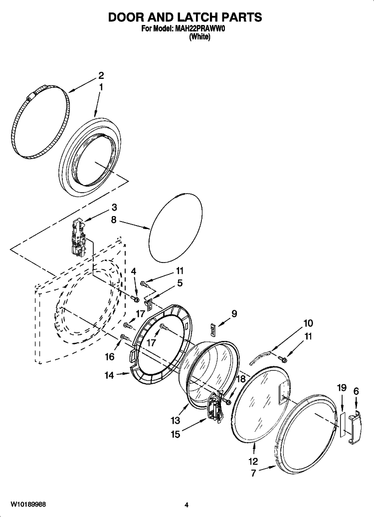 DOOR AND LATCH PARTS Diagram and Parts List for MAH22PRAWW0  Maytag Washer