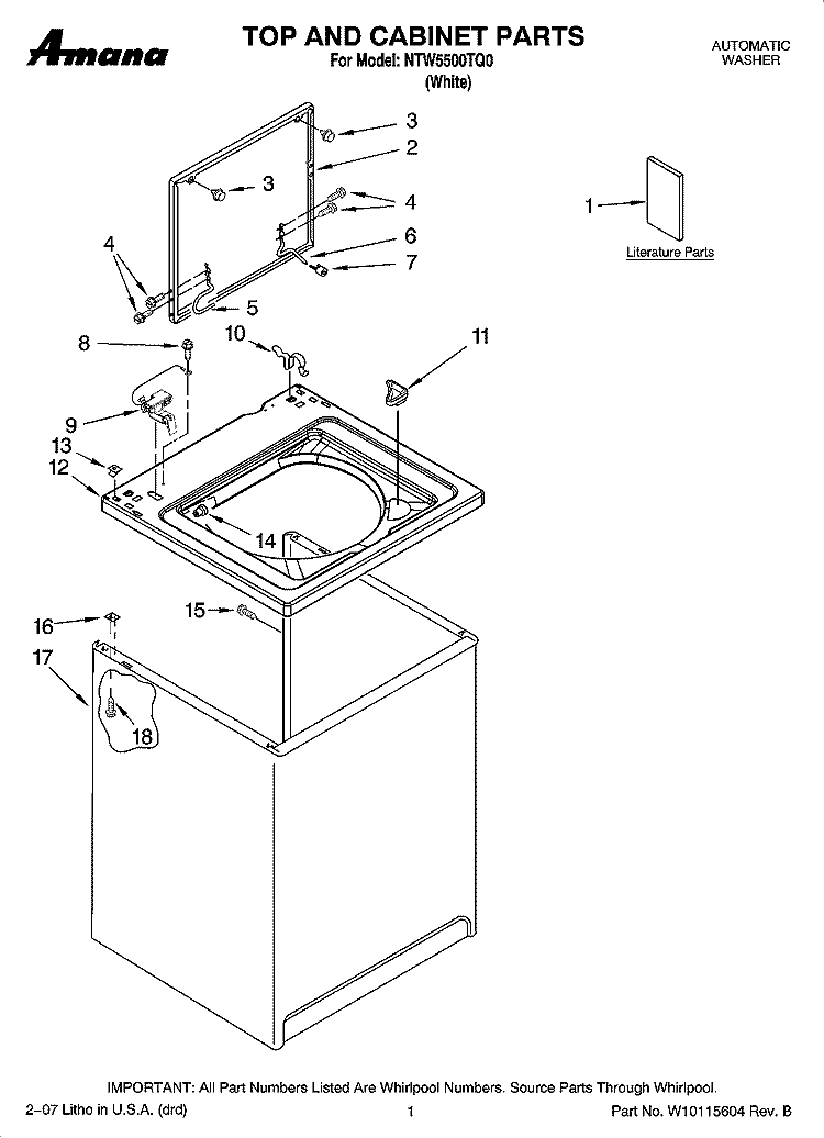 TOP AND CABINET PARTS Diagram and Parts List for NTW5500TQ0  Amana Washer