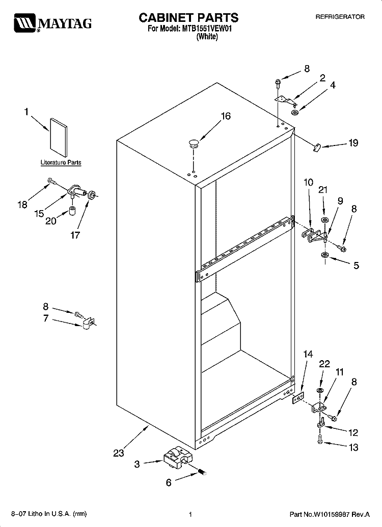CABINET PARTS Diagram and Parts List for MTB1551VEW01  Maytag Refrigerator