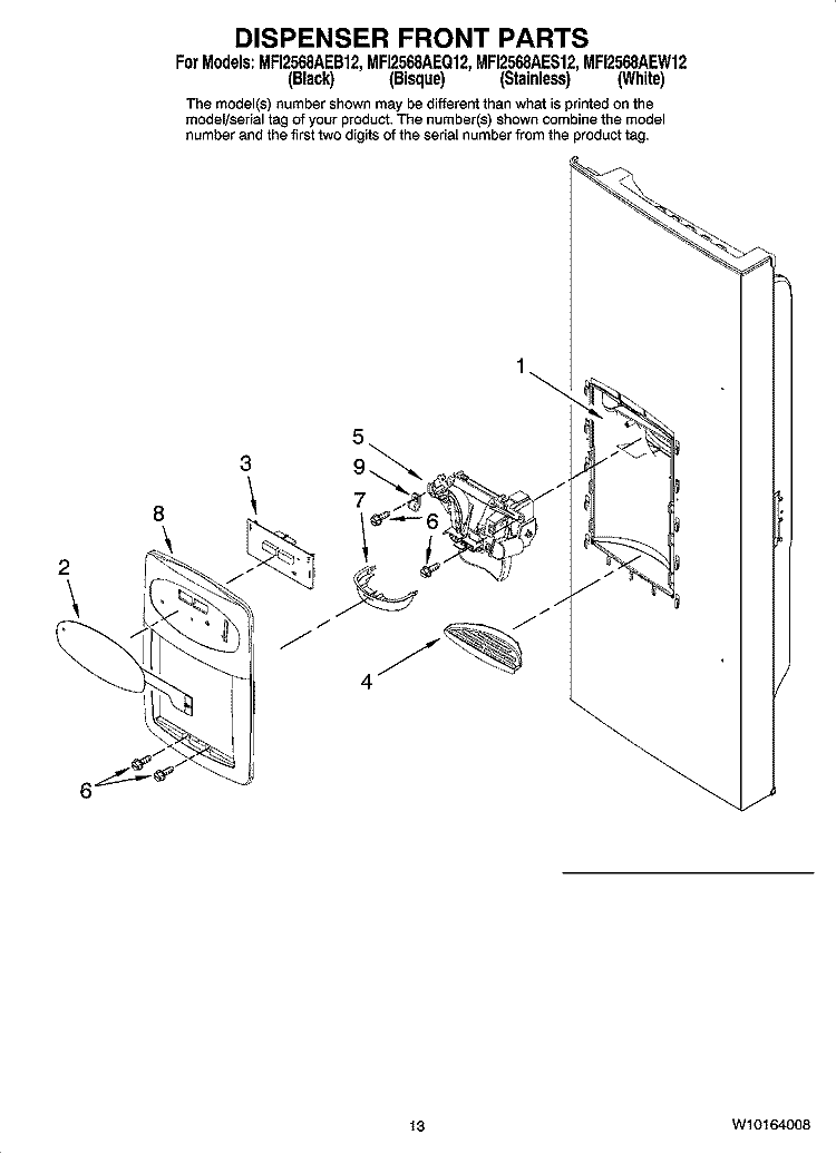 DISPENSER FRONT PARTS Diagram and Parts List for MFI2568AEB12  Maytag Refrigerator