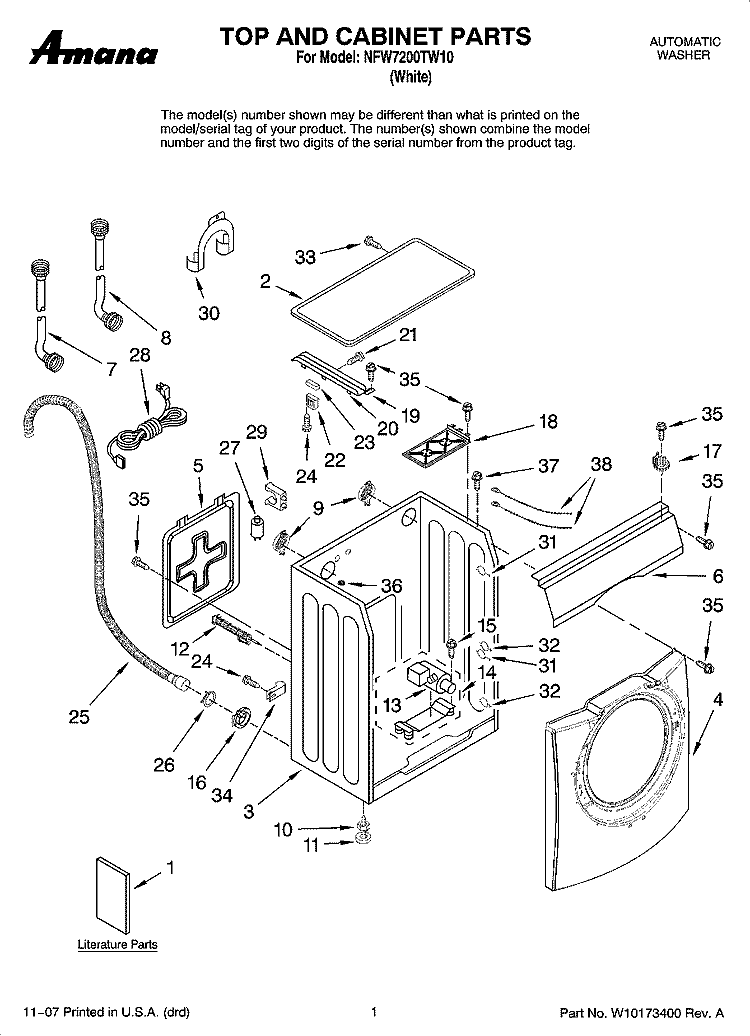TOP AND CABINET PARTS Diagram and Parts List for NFW7200TW10  Amana Washer