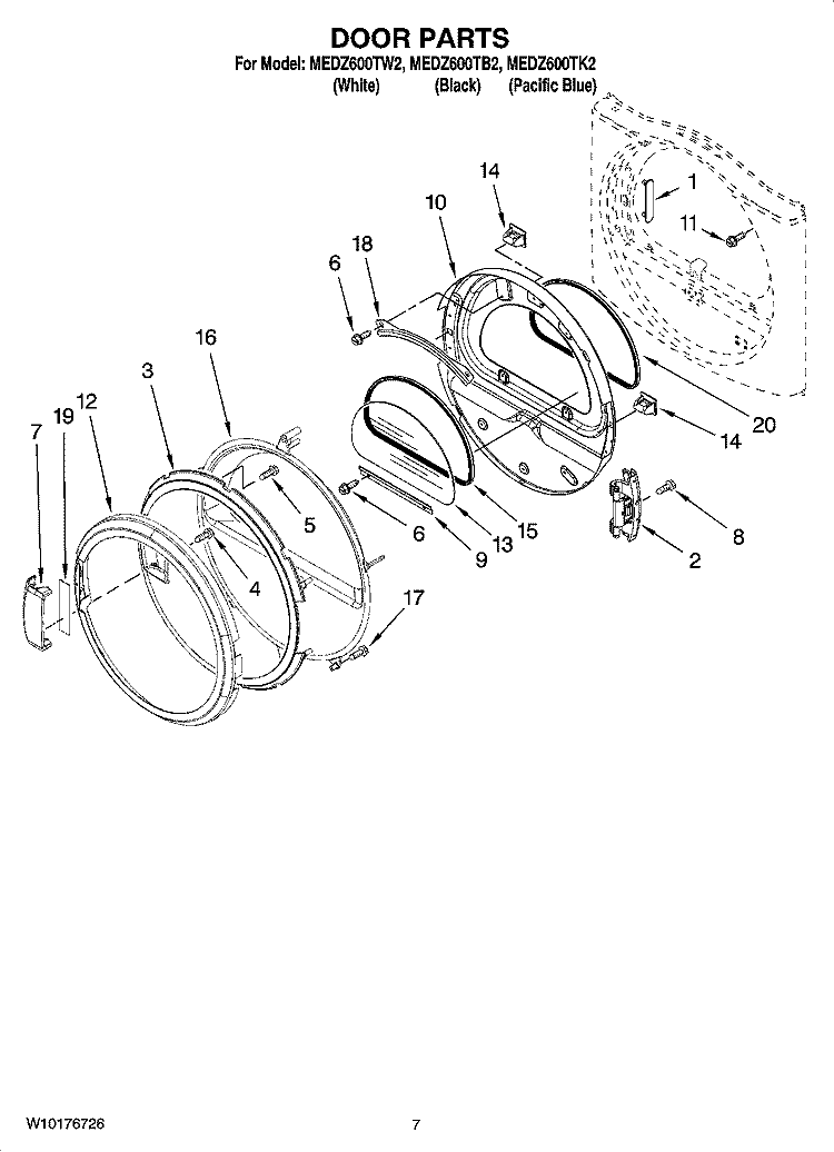 DOOR PARTS, OPTIONAL PARTS (NOT INCLUDED) Diagram and Parts List for MEDZ600TK2  Maytag Dryer