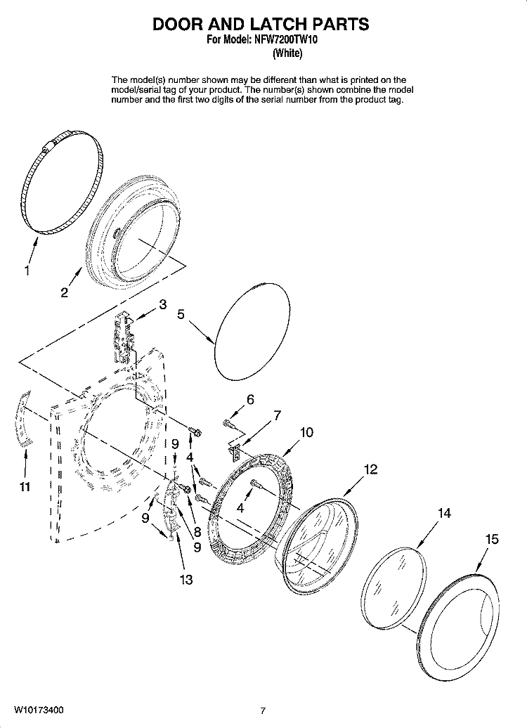 DOOR AND LATCH PARTS, OPTIONAL PARTS (NOT INCLUDED) Diagram and Parts List for NFW7200TW10  Amana Washer