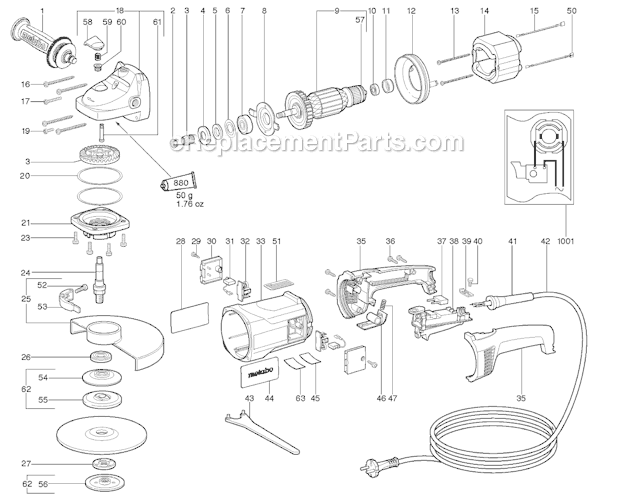 Page A Diagram and Parts List for W21-230 606405470 Metabo Angle Grinder