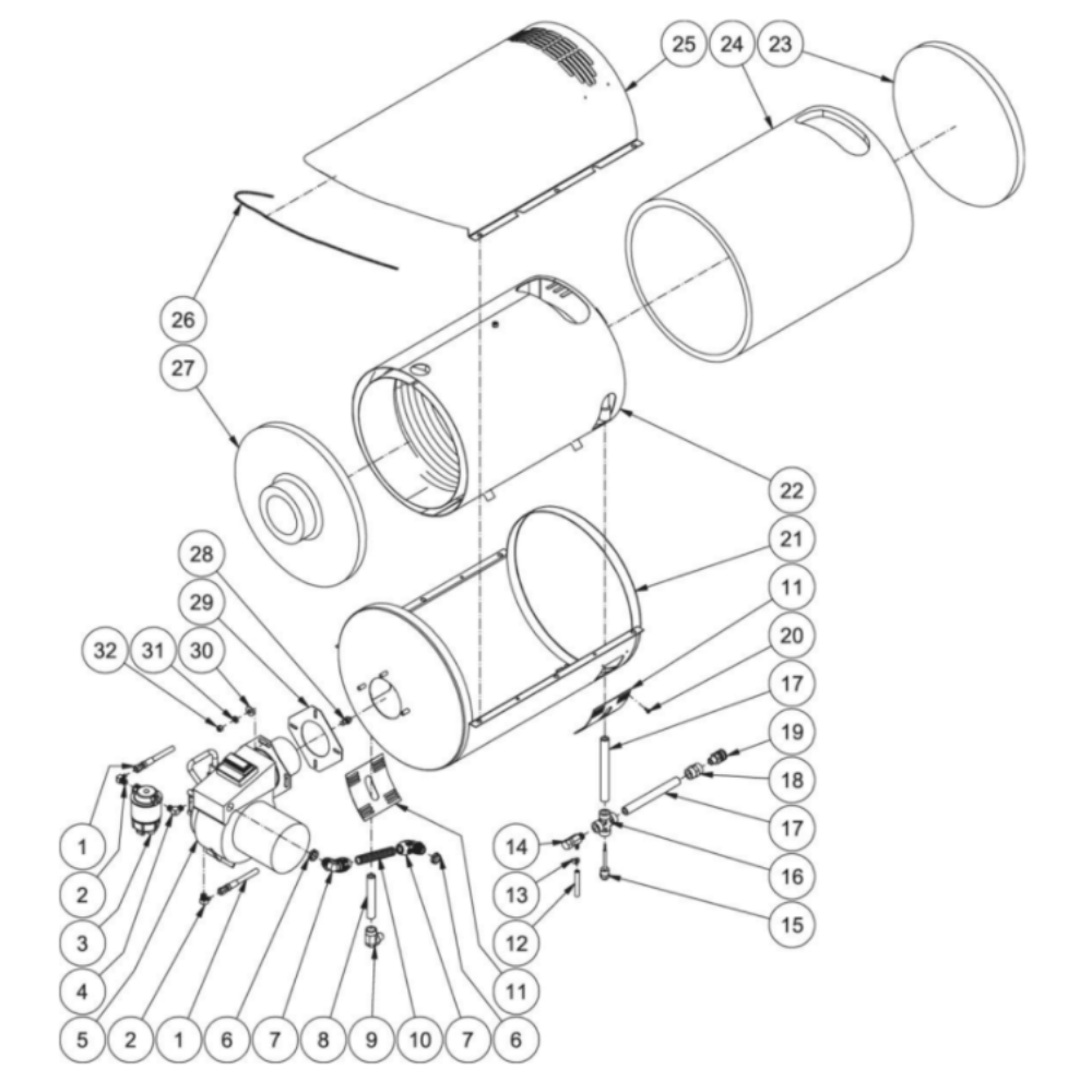 Heat Exchanger Diagram and Parts List for HHS-3005-1E9A  Mi-T-M Pressure Washer