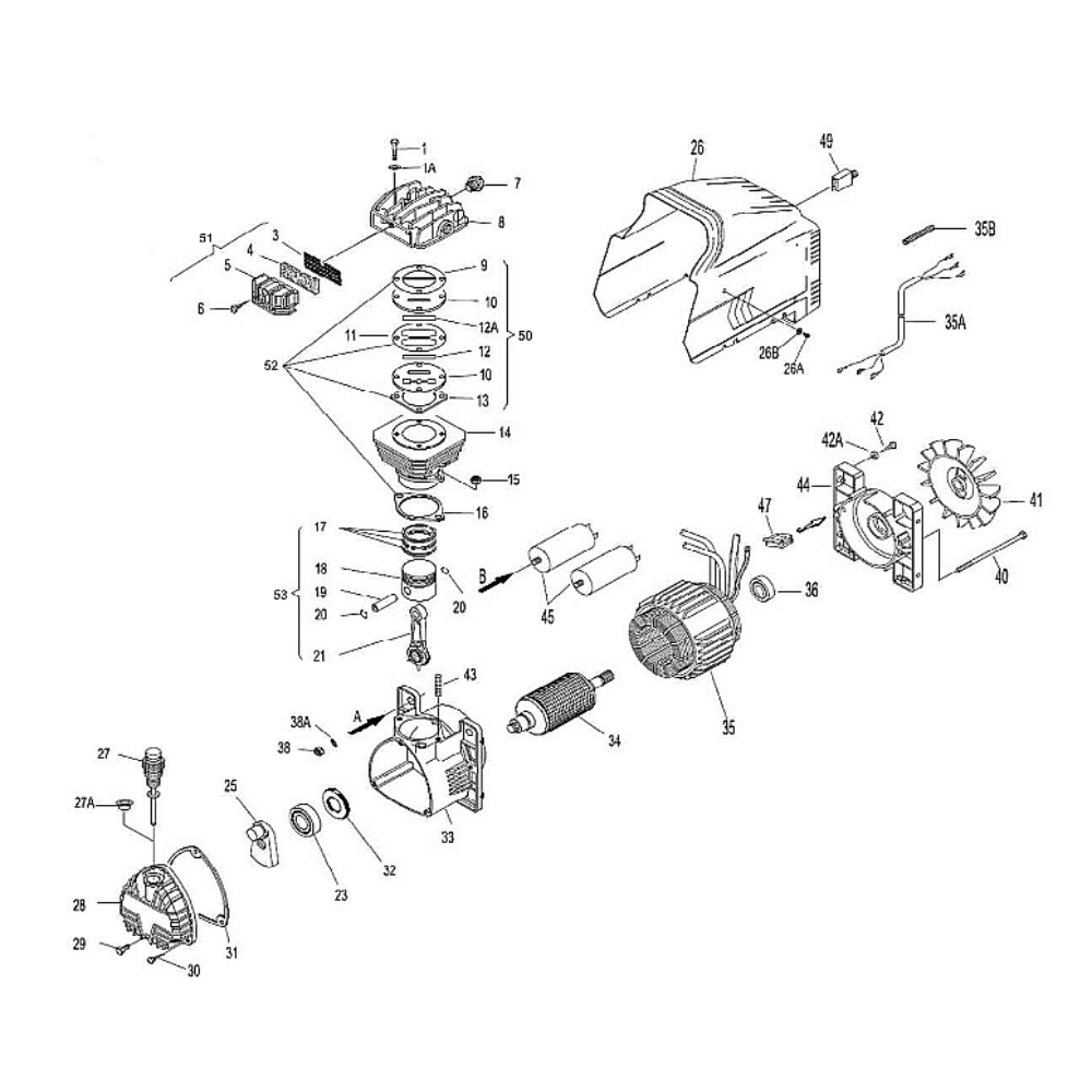 Compressor/Motor Diagram and Parts List for AM1-HE02-05M  Mi-T-M Compressor