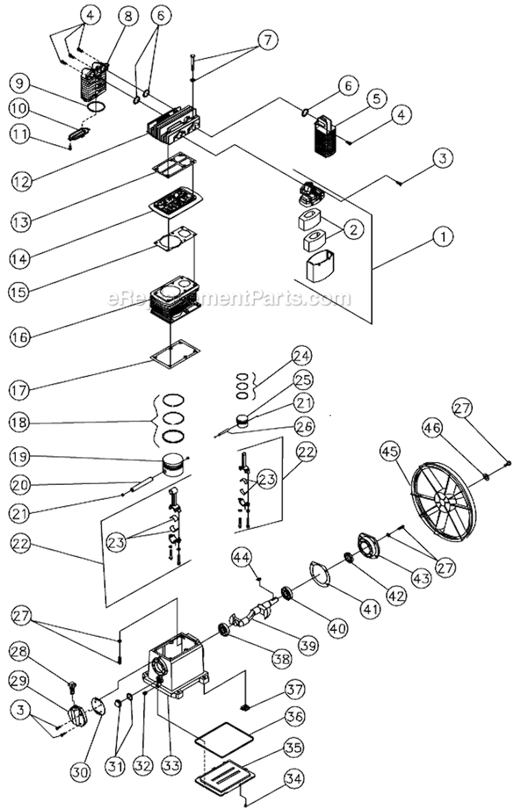 Two Stage Compressor (3-0222) (Before S/N 20031738) Diagram and Parts List for AC2-PH11-20M  Mi-T-M Compressor