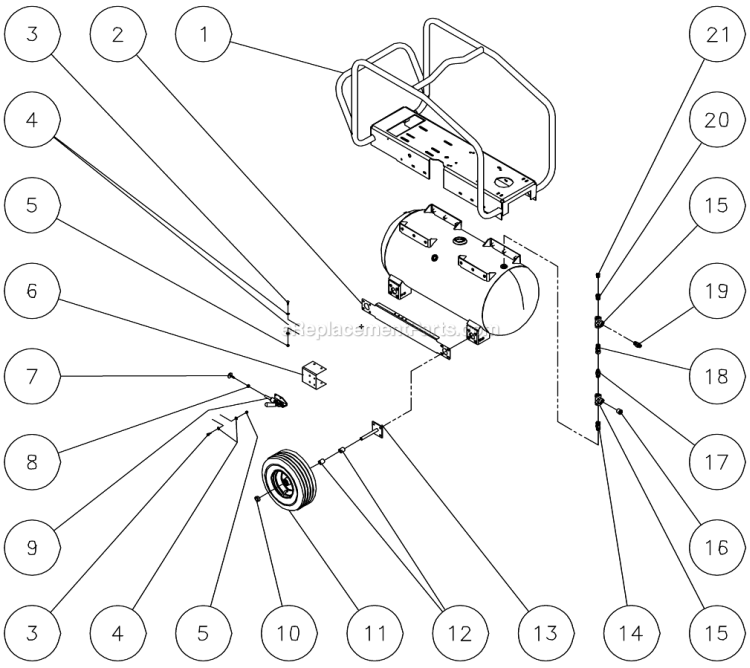 Rollcage With Wheels And Brake Option B Diagram and Parts List for AC2-PR09-30M  Mi-T-M Compressor