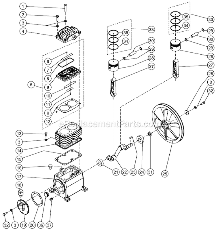 Single Stage Compressor Diagram and Parts List for AM1-PE02-08M1  Mi-T-M Compressor