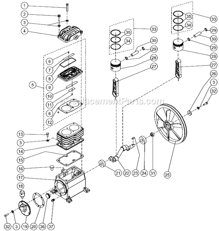 Single Stage Compressor Diagram and Parts List for AM1-PE02-20M  Mi-T-M Compressor