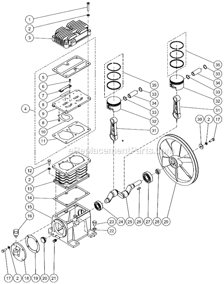 Single Stage Compressor Diagram and Parts List for AM1-PH65-20M  Mi-T-M Compressor