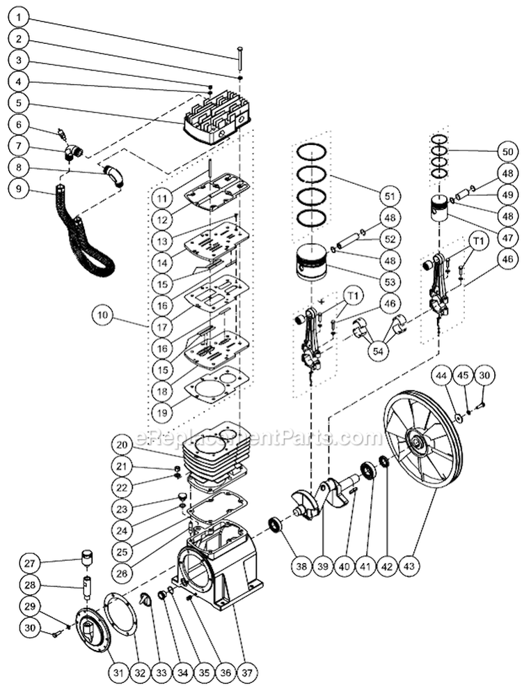 Motor/Pump Assembly Diagram and Parts List for AM2-P375-30M  Mi-T-M Compressor