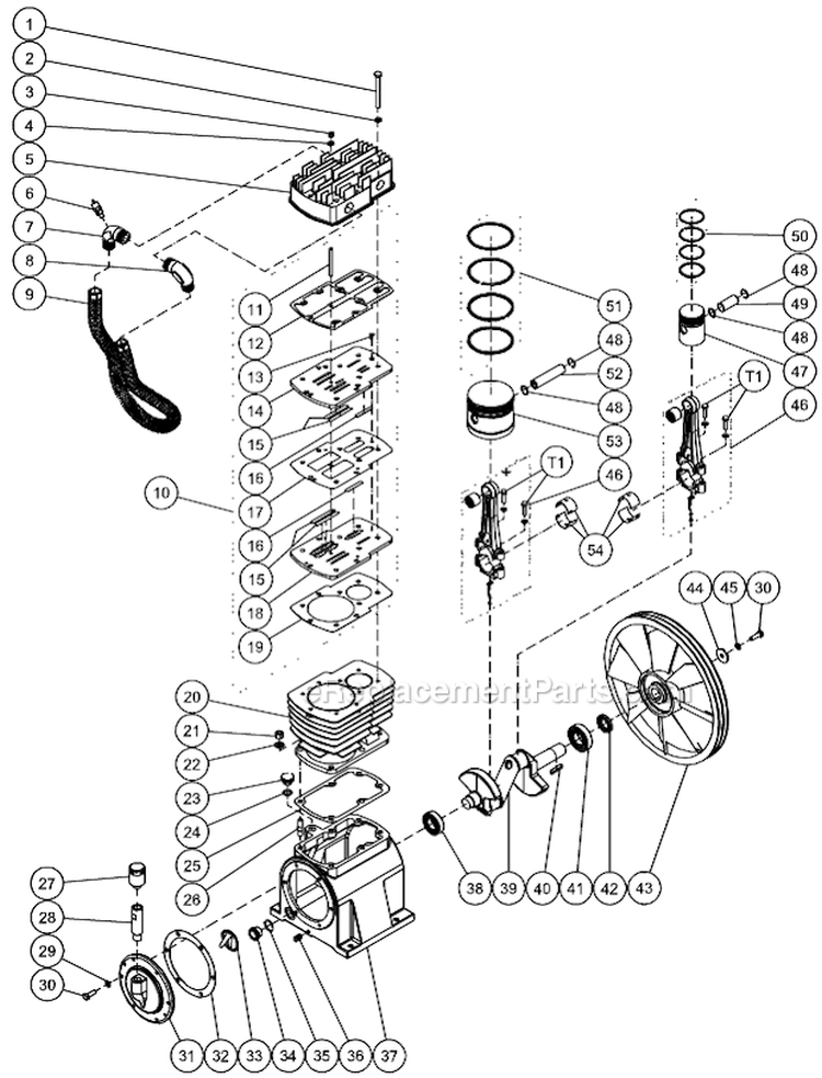 Motor/Pump Assembly Diagram and Parts List for AM2-PE75-30M  Mi-T-M Compressor