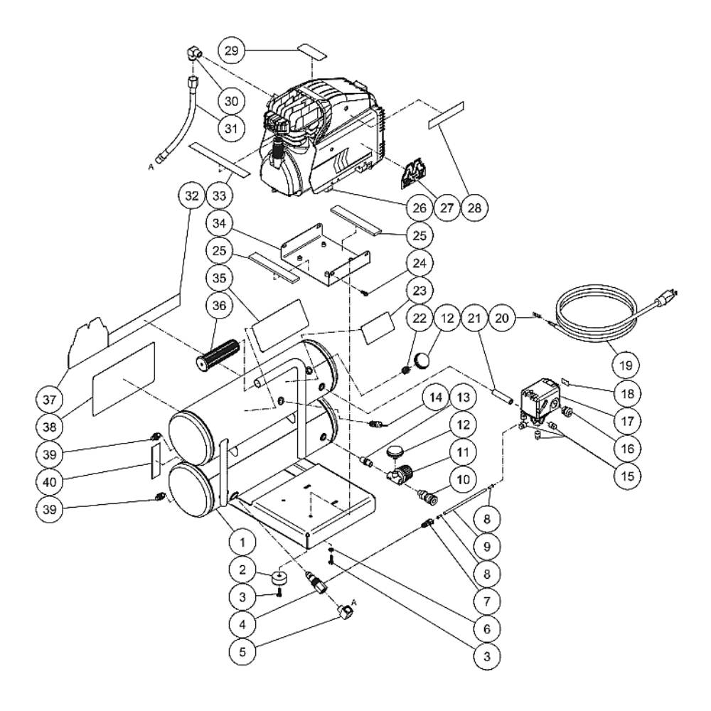 Tank Diagram and Parts List for AM1-HE02-05M  Mi-T-M Compressor