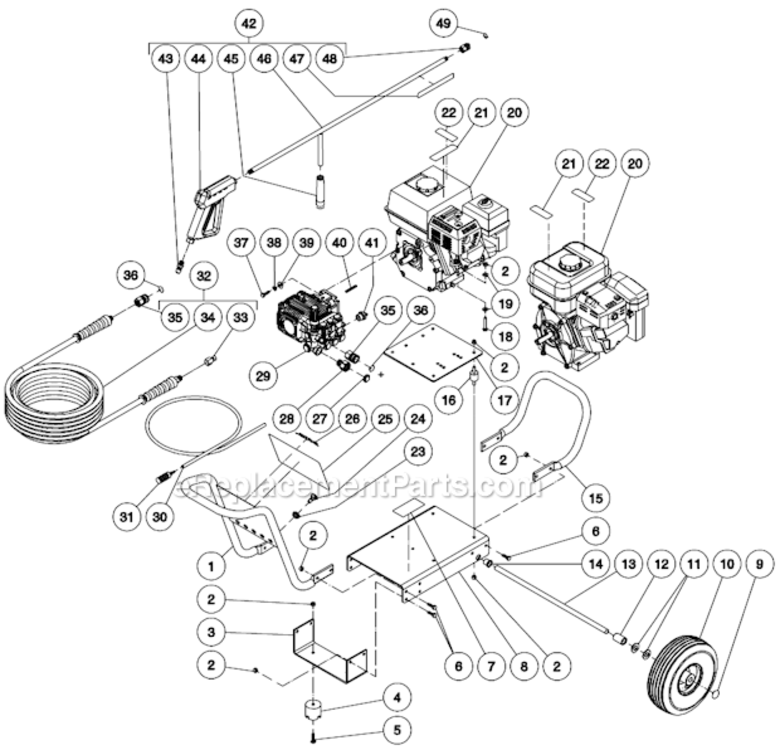 Frame Assembly Before S/N 10173072 Diagram and Parts List for CA-2403-0MRB  Mi-T-M Pressure Washer