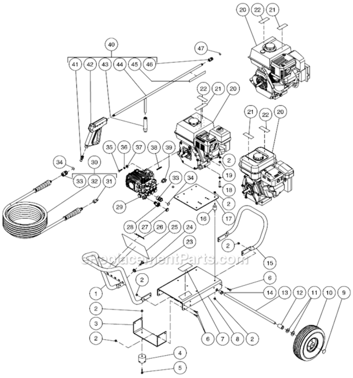 Frame Assembly Diagram and Parts List for CA-2403-0MVB  Mi-T-M Pressure Washer
